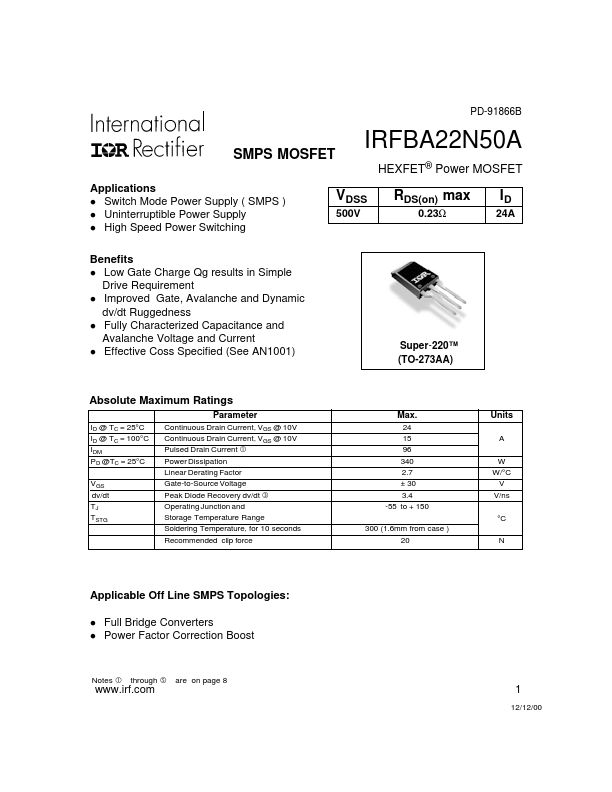 IRFBA22N50A