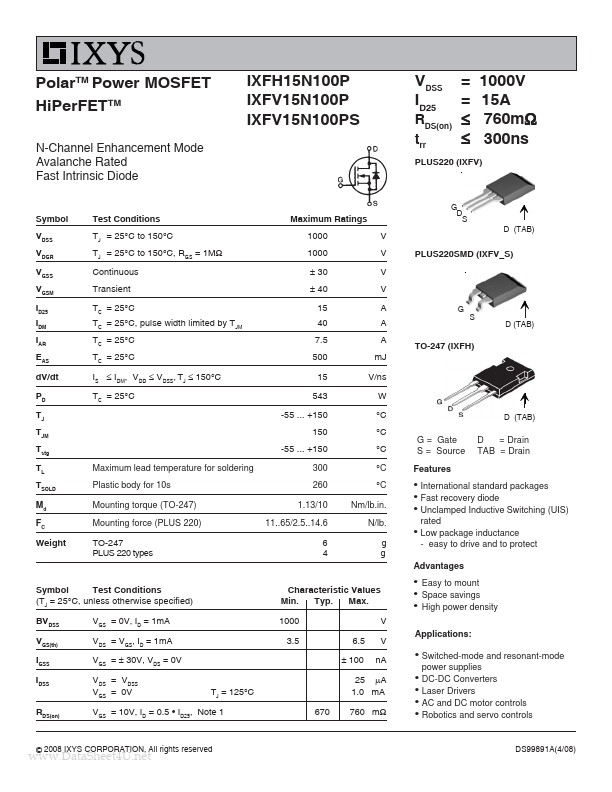 IXFV15N100P