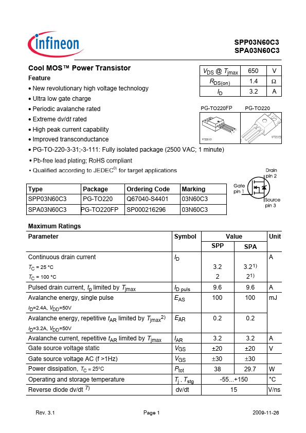 SPP03N60C3