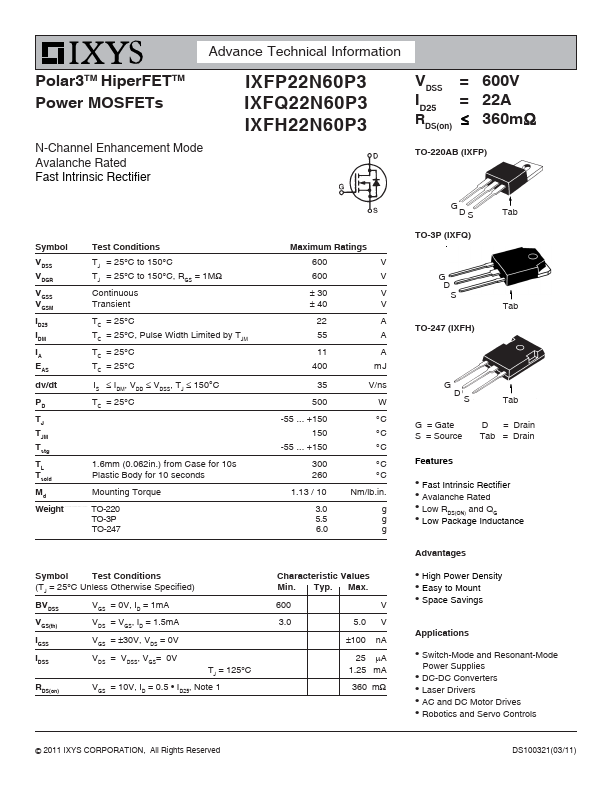 IXFP22N60P3