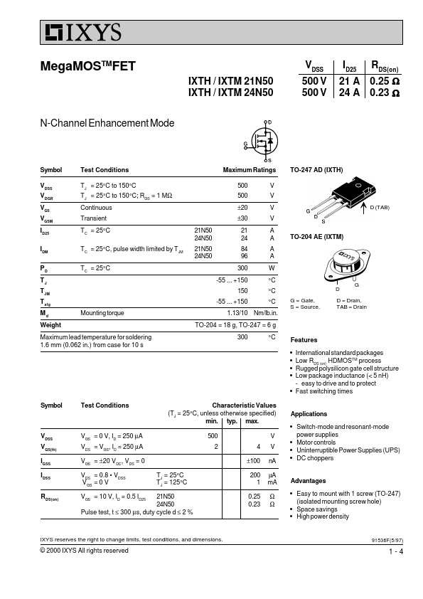 IXTH21N50