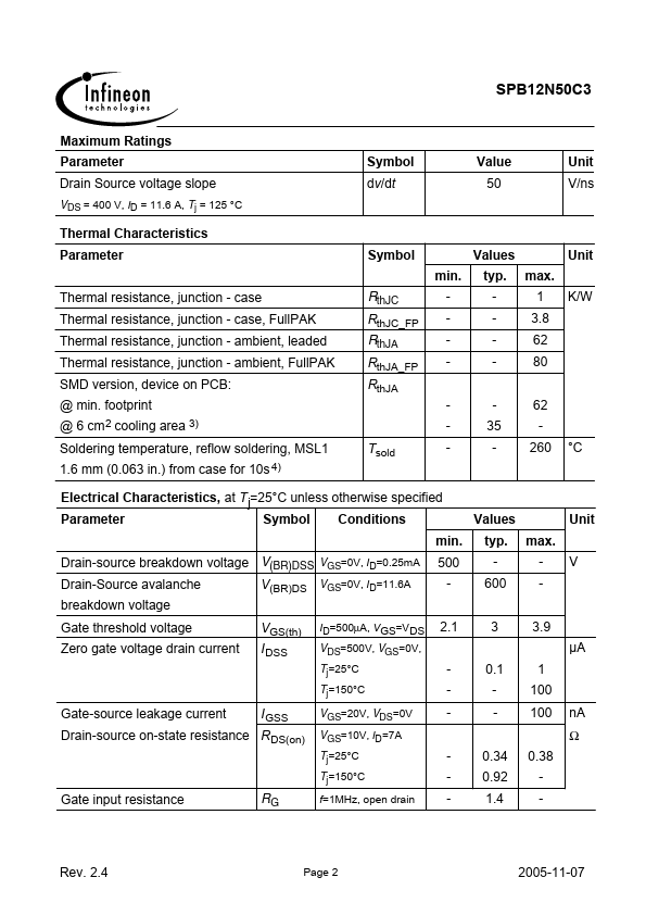 SPB12N50C3