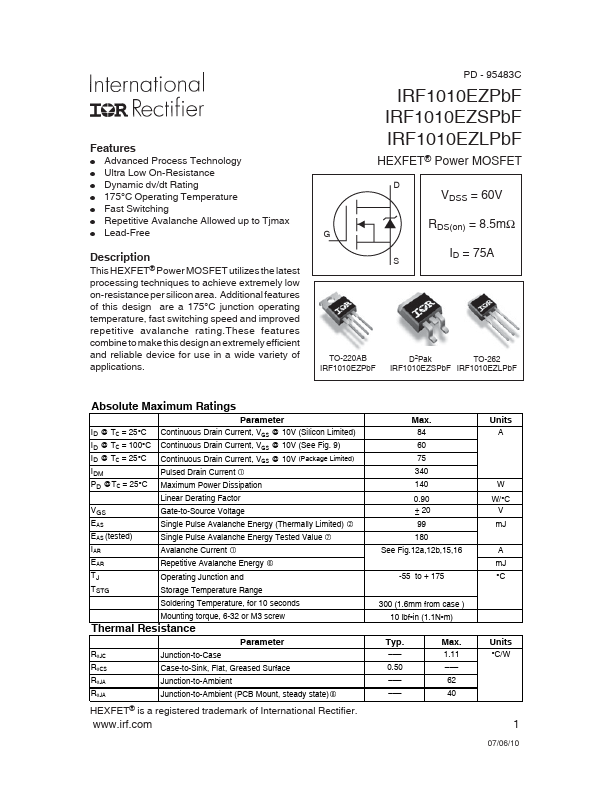 IRF1010EZLPbF