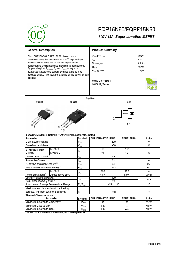 FQP15N60