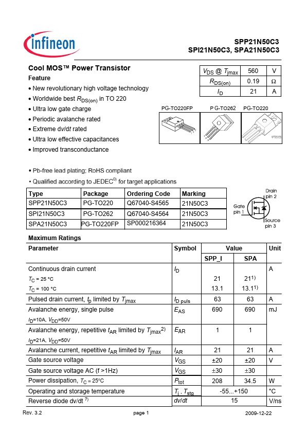 SPP21N50C3